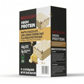 MUSASHI High Protein Bar, 44g Protein, 3.7g Total Sugars, Lemon Cheesecake, Post Workout and Protein Snack On The Go, 12 Pack of 3.2oz (90g) Bars