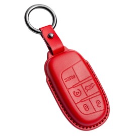 Genuine Leather Smart Key Fob Case Cover Protector Compatible with for Jeep for Grand Cherokee Renegade Chrysler 200 300 Dodge RAM Durango Charger Challenger Hornet Journey Dart Fiat (5-Button, Red)