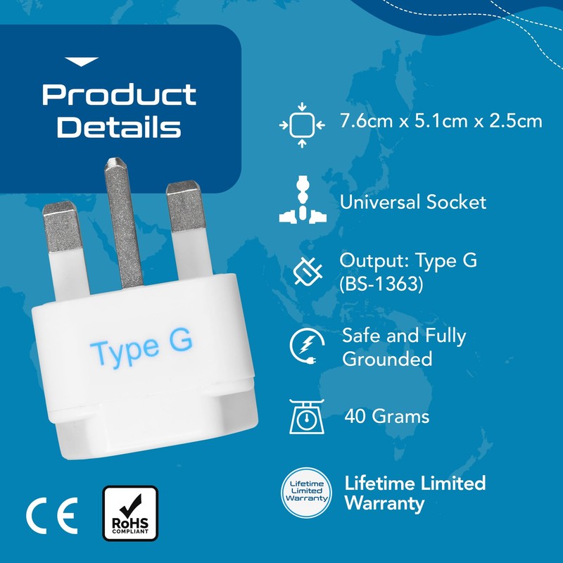 Ceptics UK, Hong Kong, Ireland, UAE Travel Plug Adapter (Type