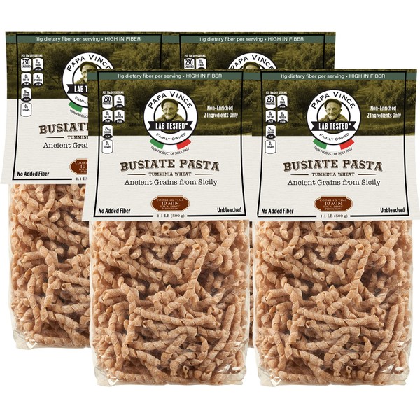 Papa Vince whole wheat pasta - Non enriched, high in fiber, high in protein, ancient grain Timilia/Tumminia grown in Sicily Italy. Al dente texture busiate, nutty flavor, doesn't taste like cardboard