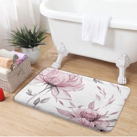Pink Grey Watercolor Floral Bath Mat,Flower Leaves Minimalist Aesthetic Non Slip Absorbent Floor Rugs Quick Dry Soft Velvet Rugs Carpets, for Bathtub Bathroom Bedroom Kitchen, 17x29 Inch