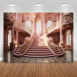 Caheansi 10x8 ft Luxurious Palace Backdrop Romantic Pink Hall Staircase Chandelier Ceiling Mural Photography Backgrounds Wedding Ceremony Birthday Parties Banner Photo Booth Props