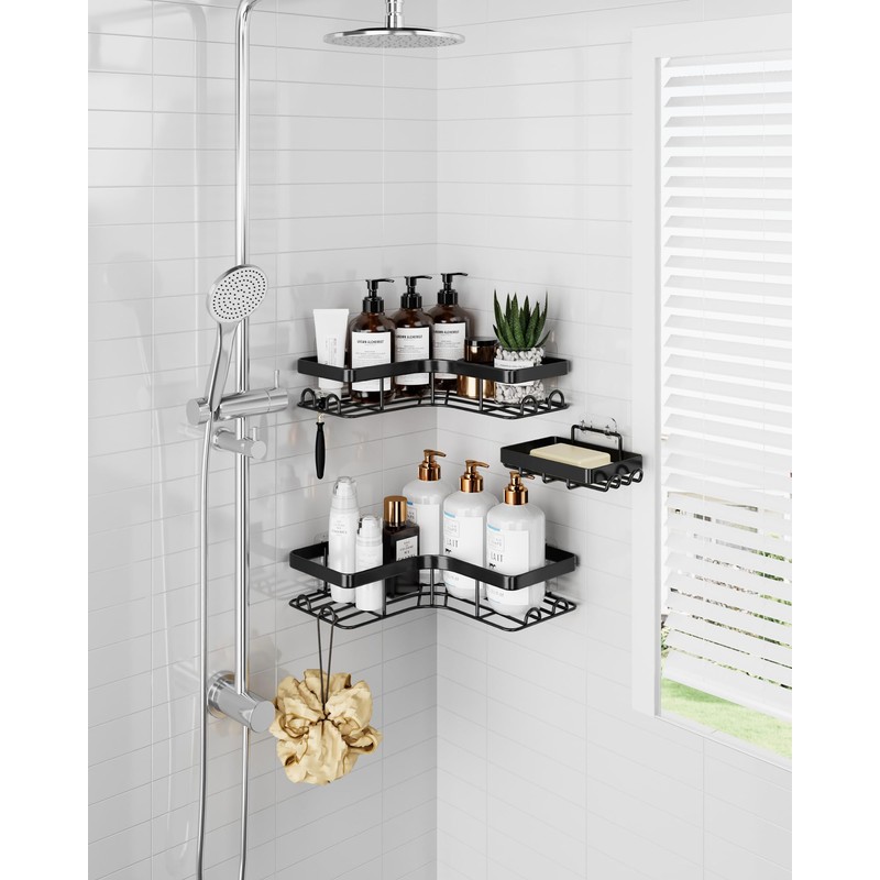 Sakugi Corner Shower Caddy, Large, 2-Pack, Soap Holder & Hooks,