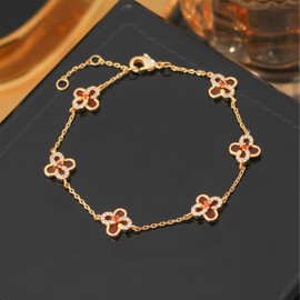 Four Leaf Clover Bracelets for Women, 18K Gold Plated Ruby Clover Lucky Bracelet, Adjustable Clover Chain Jewelry Gifts, Anniversary Fashion Jewelry Box