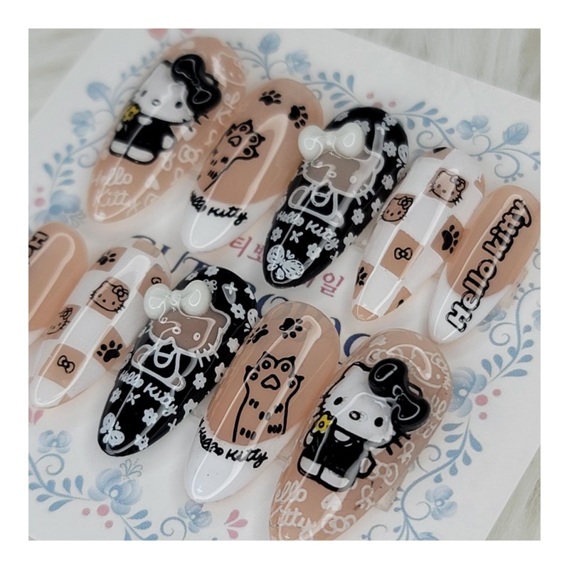 Black Ribbon Meow’s handmade nail tips – Oval S /