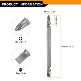 HARFINGTON 2pcs Magnetic Double Ended Screwdriver Bit 6mm PH2/SL6 4.33" Length 1/4" Hex Shank S2 Steel Phillips Cross Slotted Flat Screw Driver Bit