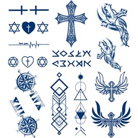 6 Sheets PADOUN Long Lasting Waterproof Temporary Tattoos Cross, 100% Plant-Based Ink Temporary Tattoo Sticker Map Compass Tatoo Arm Fake Waist Back Tatto Women Men