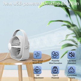 USB Desk Fan, 360° Rotate Quiet Small Fan with 3 Speeds Strong Airflow, Portable Fan with Carrying Handle USB Plug-In for Bedroom Home Office Travel (White)