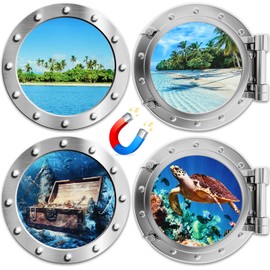 4 Pcs Cruise Porthole Magnets Navigation Beach Cruise Door Magnet Set Palm Tree Treasure Turtle Cruise Door Decorations the Sea Nature Scenery Fridge Decor for Carnival Cruise Refrigerator Car Door
