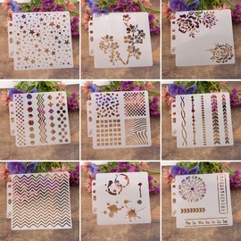 Lottoyday 9pcs/set flower DIY hollow design PET plastic stencil, perfect for textile design, wall design, windows, paper, scrapbooking, children's crafts, 14 x 13 cm / 5.51 x 5.12 inches