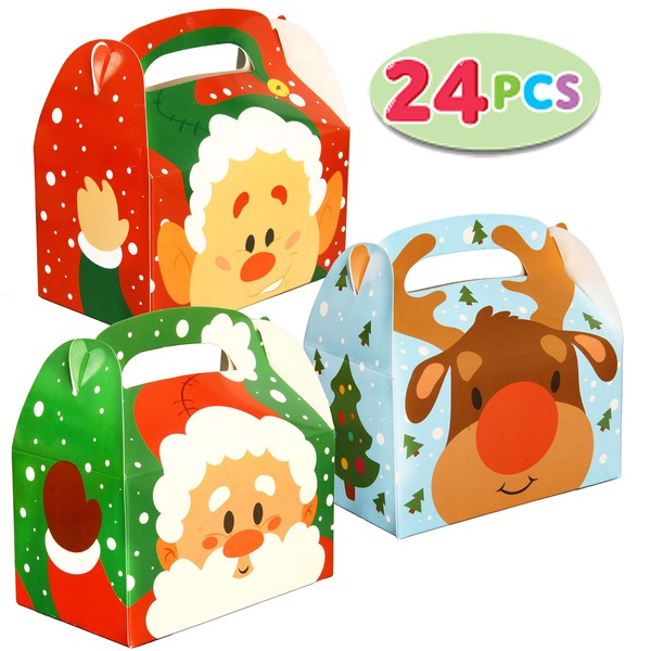 24 PCs 3D Christmas House Cardboard Treat Boxes (6"x6"x3.5") for Holiday Treats, Pastries, Cupcakes, Cookies Goodie, Brownies, Donuts Gift-Giving Goody.
