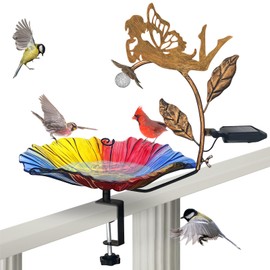 VChymm Solar Glass Colored Bird Bath，Birdbaths Deck Mounted 19.5 Inches Bird Bath 2.7 Inches Deck Adjustable Steel Clamp，Balcony Railing Birdbaths, Fence Clamp Detachable…