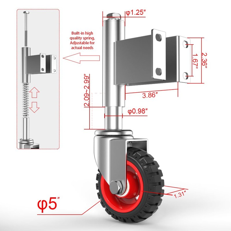 Homhoo Spring Loaded Gate Casters 5” Rubber Tire Heavy Duty