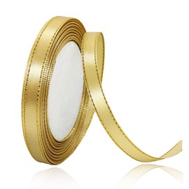 Gold Satin Ribbons 3/8 Inch x 25 Yards, Fabric Ribbon with Gold Edges Border for Gift Wrapping, DIY Crafts, Floral Bouquets, Hair Bows, Sewing Projects, Birthday Baby Shower Wedding Decorations