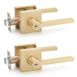 EHOMEWARE 2 Pcs Satin Brass Door Handles, Interior/Exterior Door Knobs with Lock and Key, Gold Entry Door Levers for Bedroom Bathroom or Front Doors, Heavy Duty Modern Door Hardware