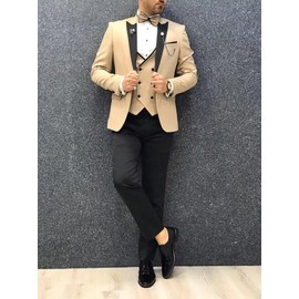 CYANDUSTY Champagne and Black 3 Pc Tuxedo for Men Double Breasted Regular Suit for Boys Wedding Business Suits Xs
