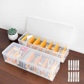 RRJIA-Fa Divider Cable Storage Box (2 Pieces) + Cable Ties (10 Pieces) Multifunction (Data/Charging Cable,Accessories,Cosmetics) for Home Office Desktop