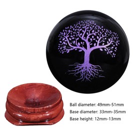 KYEYGWO Obsidian Crystal Ball Decoration with Carved Tree of Life Pattern, Round Stone Ball Figure with Wooden Stand, Healing Stone Sphere Ornament Gemstone Fortune Telling Ball, Purple