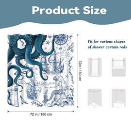 Hopomoon - Cortina de ducha de pulpo náutico azul de 72 x 72 pulgadas, impermeable y a prueba de humedad, divertida cortina de baño de estilo náutico con 12 ganchos