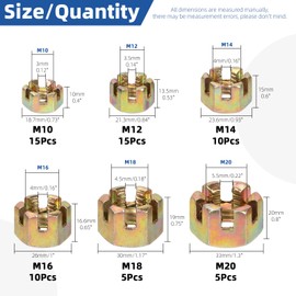 Glarks 60Pcs M10 M12 M14 M16 M18 M20 Hexagon Slotted Nuts Assortment Kit, 6 Size Carbon Steel Hex Castle Nuts for Car Moto Furniture Fasteners Repair