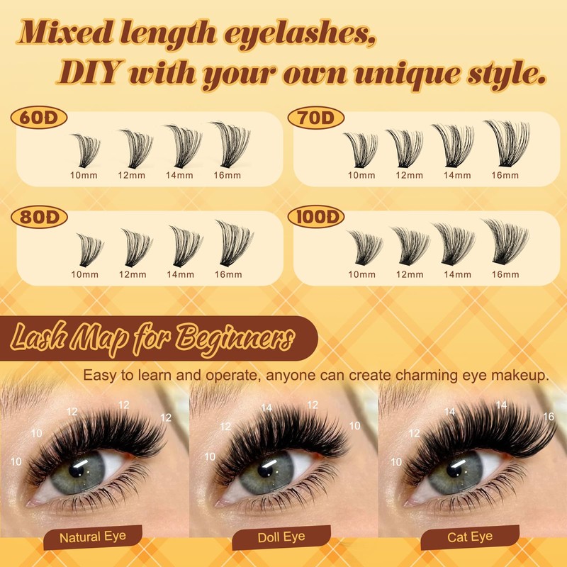 QUEWEL Cluster-Lashes-Kit, 320PCS Lash Extension Kit Mixed Length 10-16mm Thick