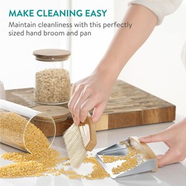 Navaris Small Dustpan and Brush Set - Wooden Mini Dust Pan Brush for Sweeping Table Tabletop - Compact Horsehair Brush for Sweeping Countertop, Silver