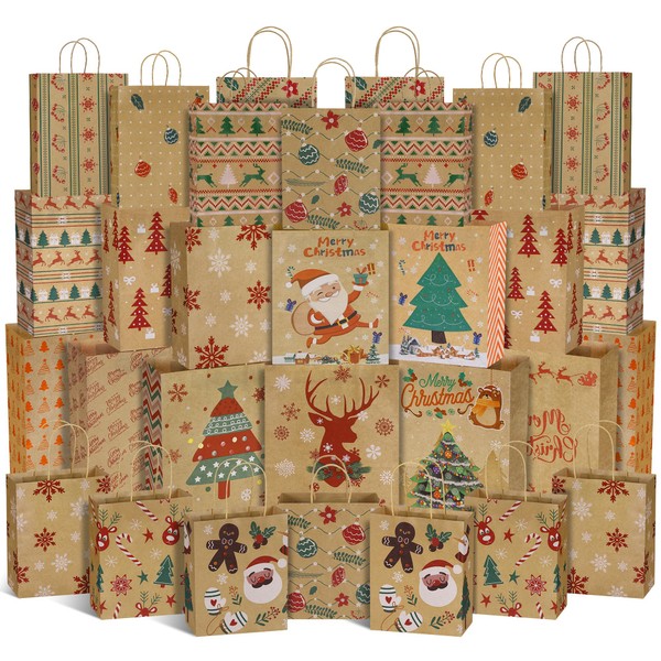 FINELOVE 30 Kraft Christmas Gift Bags with Handles - Holiday Paper Gift Bags with Christmas Prints | Christmas Goody Bags | Xmas Gift Bags | Classrooms | Party Favors(7 Large 7 Medium 16 Small)