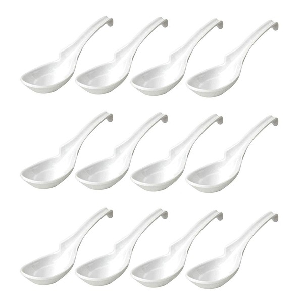 JapanBargain 2777, Set of 12 Chinese Soup Spoons Asian Korean Japanese Wonton Soba Rice Pho Ramen Noodle Spoon Notch and Hook Ladle Style Spoon, White Color