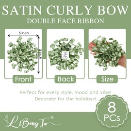 LiBongTa 5'' Sage Green Bows Curly Ribbon Bows for Gift Wrapping, Satin Bows with Double-Sided Tape, Self Adhesive Bows for Party, Wedding, Birthday Decor, Premade Bows for Crafts, Wine Glasses-8 PCs