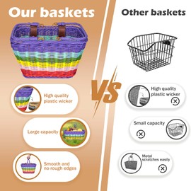 Bicycle Basket Braided Plastic - Retro Design Bicycle Basket Front Children, Robust Bicycle Basket Braided Removable Handlebar with Leather Carriers, Ideal as Girls Bicycle Basket Accessories (Colour)
