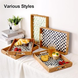 Tynulox Rectangle Rattan Tray with Mother of Pearl Inlay, Rattan Serving Tray with Handle for Coffee, Bread, Fruits, Snacks, Decorative Wicker Tray for Table Decor (Flower, 13"×9")