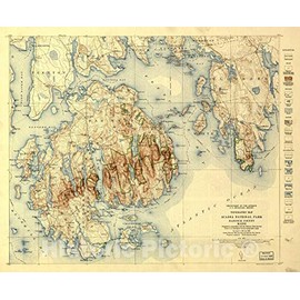 Historic 1931 Wall Map - Topographic Map, Acadia National Park, Hancock County, Maine. 24in x 20in