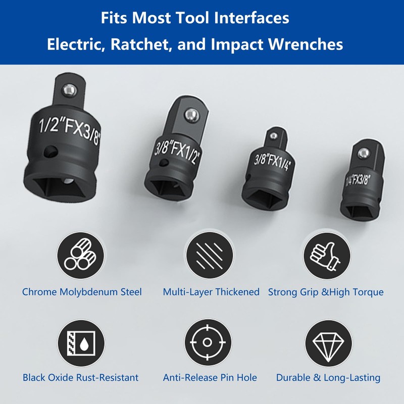 Adapter Set - 4 Socket Spanner Adapters 1/4", 3/8", 1/2"