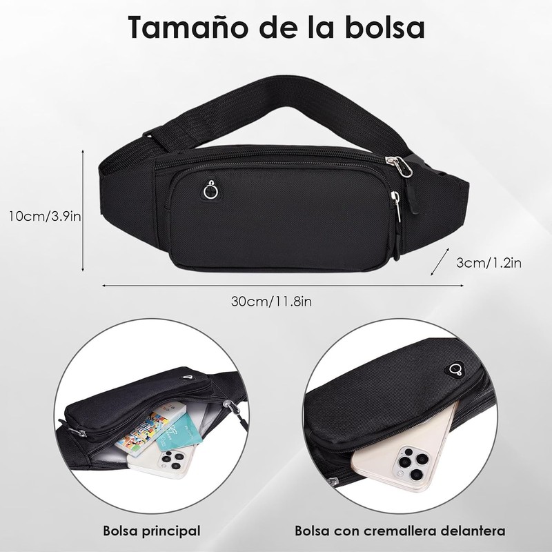 Riñonera Deportiva Impermeable, Multifuncional con Cremallera(Negro)