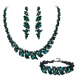 Brilove Women's Wedding Jewellery Set for Brides Bridesmaid Cluster Leaf Crystal Collar Bib Necklace Tennis Bracelet Leaves Dangle Earrings Emerald Color Black-Tone