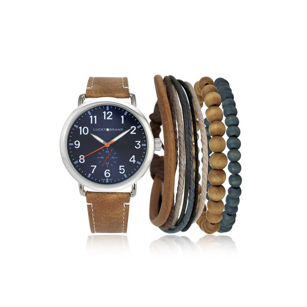 Lucky Brand Watch for Men Sport Quartz Watch Leather Strap Minimalist Men's Wrist Watches Slim Watch Decorative Sub-Dial Bracelet Gift Box Set (Camel/Silver)