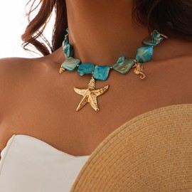 Gold Starfish Shell Mermaid Necklaces for Women,Boho Seashell Natural Stone Charming Choker,Exaggerate Chunky Statement Neck Jewelry Beach Accessories (Blue)