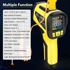 TEMIRUP Infrared Thermometer Gun, Digital Laser Thermometrer Temperature Gun with Color LCD for Cooking, Pizza Oven, HVAC, IR Temp Gun with K-Probe, Adjustable Emissivity,-40°F to 1472°F(-40~800°C)