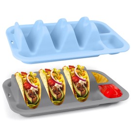 CAMENDE Reusable Silicone Taco Holder - Set of 2 Taco Plates with Dividers & Dip Bowls, Holds 3 Tacos Stand | Microwave & Dishwasher Safe, Heavy Duty Non-Slip Taco Tray Stands for Hard/Soft Shells