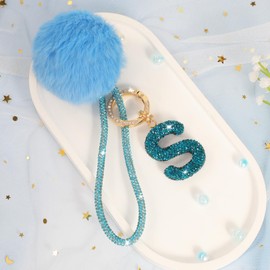MWOOT Crystal Letter Key Ring, Rhinestone Name Letter Pendant for Handbag Backpack Decoration, Blue S