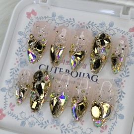 Gold Full Stone Gra Handmade Nail Tip Pedi Tip - Oval / 골드 풀스톤그라 수제네일팁페디팁 - 오벌XS