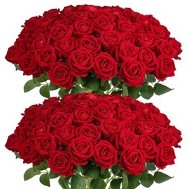 60Pcs Red Roses Artificial Flowers, Velvet Silk Faux Roses, Realistic Red Flowers for Wedding Centerpieces, Cake, Bridal Bouquets, Home Decor, Anniversary, Valentine's Day Decorations