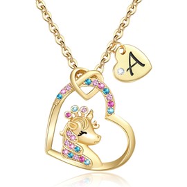 Chunyee Unicorn Gifts for Girls, 18K Gold Plated CZ Heart Unicorn Necklaces Initial Unicorn Necklace Birthday Gifts for Girls Teens