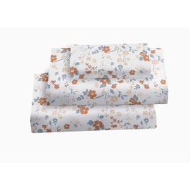 softan Queen Bed Sheet Set, 4 PC Orange Floral Printed Brushed Microfiber Elegant Bedding Set, 1 Flat Sheet,1 Deep Pocket Fitted Sheet, and 2 Pillow Cases, Breathable & Silky Soft Feeling Sheets