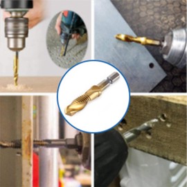 6 Piece Combi Tap Drill Bit Set, M3 / M4 / M5 / M6 / M8 / M10, 1/4 Inch HSS M3-M10 Combination Drill Tap, High-Speed Steel Tap Drill, Nitride Surface for High Hardness Rust, Metallic shine