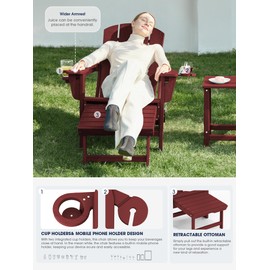 KINGYES Folding Adjustable Adirondack Chair with Ottoman & 2 Cup Holders, HDEP Multifunctional Adirondack Chair with Footrest, Red