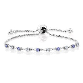 Gem Stone King 0.83 Cttw Round Blue Tanzanite and White Topaz 925 Sterling Silver Tennis Bracelet For Women | Round 2.5MM | Adjustable Bolo Bracelet For Women | Easy-On Easy-Off