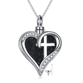 URONE Cross Heart Urn Necklace for Ashes 925 Sterling Silver Cross Heart Ashes Necklace for Human Ashes Forever in My Heart Keepsake Cremation Jewelry for Ashes of Loved Ones