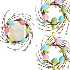 2 Pack Easter Egg Candle Rings Wreaths Spring Artificial Foliage Berry and Egg Wreath Pastel Candle Holder Rings 4" Center for Easter Holiday Springtime Decor Front Door Table Centerpiece (Multicolor)