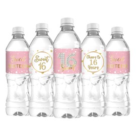 Sweet Sixteen Water Bottle Labels, Cheers to 16 Years Stickers, for Girl Happy 16th Birthday Labels Sign Pink and White - 30 Pcs